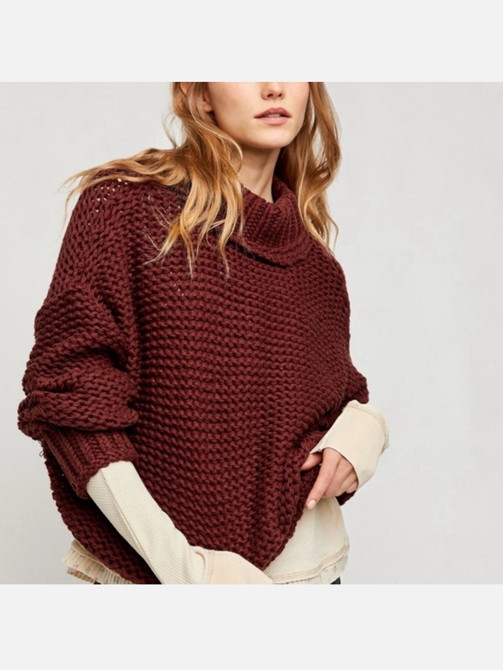 Free People Chunky Knit Funnel Neck Sweater - Burgundy